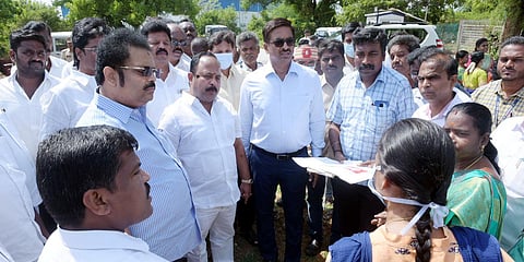 Vellore Collector P Kumaravel Pandian inspects works of the new airport. (Photo| EPS)
