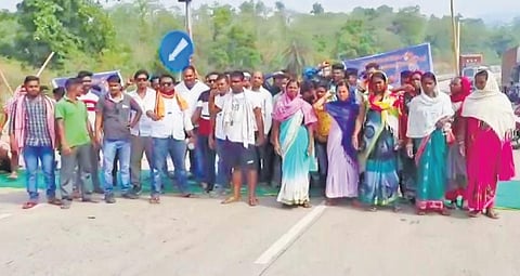 Villagers blocking NH-49 in Deogarh district. (Photo| EPS)
