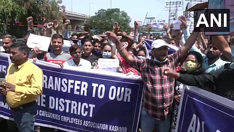 People belonging to the Hindu community employed in Kashmir protest in Jammu, demand security for members of their community. (Photo | Twitter)