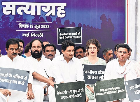 Congress leaders during the satyagraha against the Agnipath scheme, at Jantar Mantar on Sunday | Parveen Negi