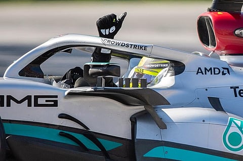 Mercedes driver Lewis Hamilton, of Britain, gestures to the crowd after finishing third in the Canadian Grand Prix auto race in Montreal. (Photo | AP)
