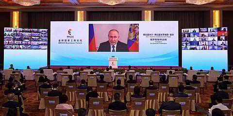Russian President Vladimir Putin delivers a keynote speech in virtual format at the opening ceremony of the BRICS Business Forum in Beijing. (Photo| AP)