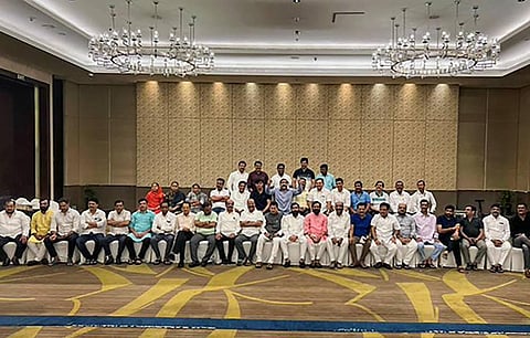 Rebel Shiv Sena MLA Eknath Shinde with 42 other MLAs at a hotel, in Guwahati, Thursday, June 23, 2022. (Photo | PTI)