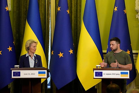 Ukraine President Volodymyr Zelenskyy speaks during a joint press conference with European Commission President Ursula von der Leyen, left, in Kyiv, Ukraine(Photo | AP)