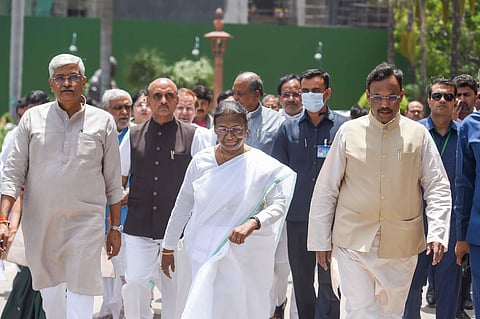 NDA's Presidential candidate Droupadi Murmu arrives at Parliament House ahead of filing her nomination papers, in New Delhi, on June 24, 2022. (Photo | PTI)