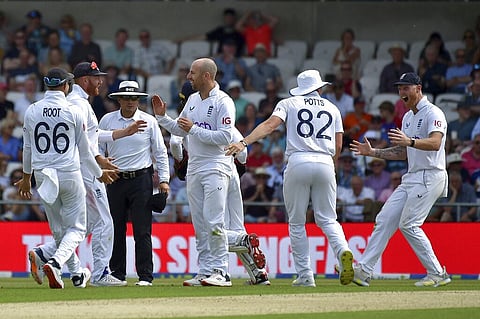 England's Jack Leach, third right, celebrates with teammates the dismissal of New Zealand's Henry Nicholls during the first day of the third Test match. (Photo | AP)