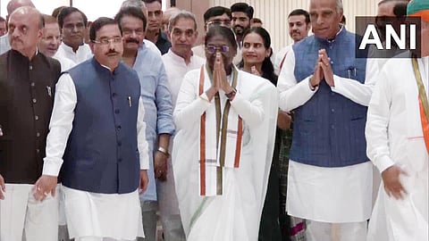 NDA's candidate for the Presidential election Droupadi Murmu arrives at Parliament for filing her nomination. (Photo | ANI Twitter)
