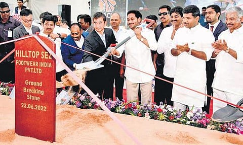 CM Jagan Mohan Reddy at the ground-breaking ceremony of Apache’s unit at Inagaluru village in Srikalahasti constituency on Thursday I Express