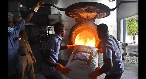 Police destroy the seized drugs in Chengalpattu. (Photo | Ashwin Prasath, EPS)