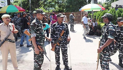 Security personnel outside the hotel where Shiv Sena leader Eknath Shinde along with other rebel Shiv Sena MLAs is staying, in Guwahati. (Photo | PTI)