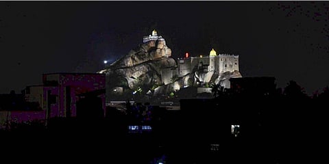 The multi-coloured LED lighting system in Tiruchy's Rockfort has not been turned on regularly for the past few weeks, say locals. (Photo | Special arrangement)