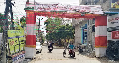 Banners erected on Medavakkam-Mambakkam road. (Photo | Ashwin Prasath, EPS)