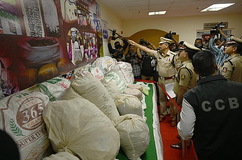 City Police Commissioner Pratap Reddy inspects the seized drugs in Bengaluru on Sunday. (Photo | Nagaraja Gadekal, EPS)