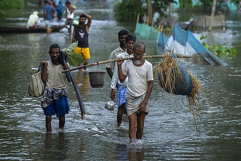 Flood affected people walk to safer places from their marooned Tarabari village, west of Guwahati. (Photo | AP)