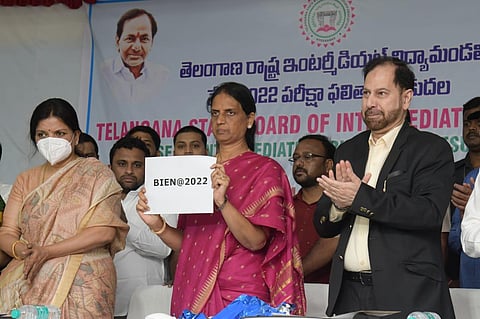 Minister for Education, Government of Telangana P Sabitha Indra Reddy released the Intermediate Public Exams Results - 2022 in Hyderabad on Tuesday. (Photo | Vinay Madapu)