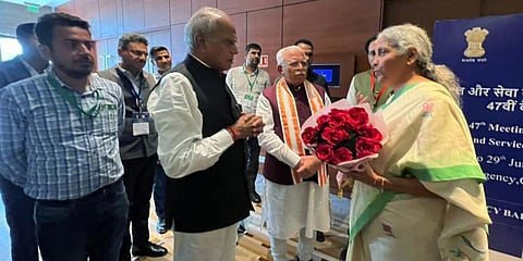 Union Finance Minister Nirmala Sitharaman interacts with Punjab governor Banwarilal Purohit at the 47th GST Council meeting, in Chandigarh. (Photo| Twitter)