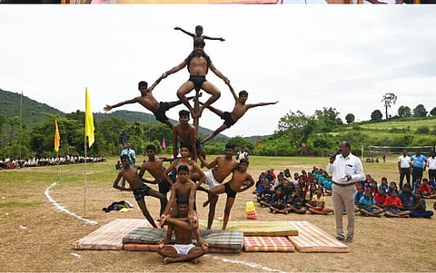Sports training session for students at the Ekalavya tribal welfare school in Kalrayan Hills. (Photo | Express)