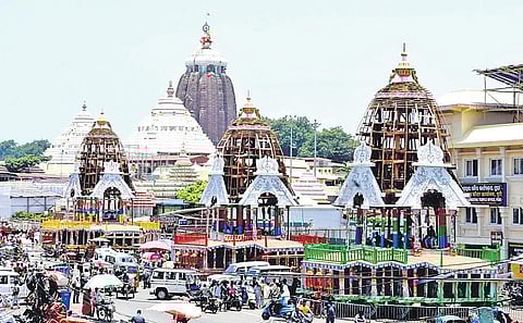 The three under-construction chariots parked on Badadanda in Puri. (Photo | Ranjan Ganguly, EPS)