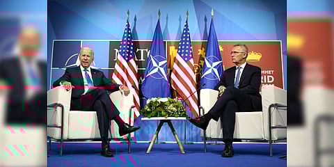 U.S. President Joe Biden, left, poses with NATO Secretary General Jens Stoltenberg during a meeting at the NATO summit in Madrid, Spain on Wednesday, June 29, 2022. (Photo | AP)