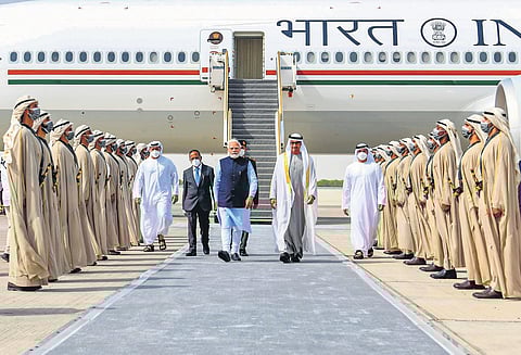 PM Narendra Modi with President of UAE and Ruler of Abu Dhabi Sheikh Mohamed bin Zayed Al Nahyan in Abu Dhabi | pti