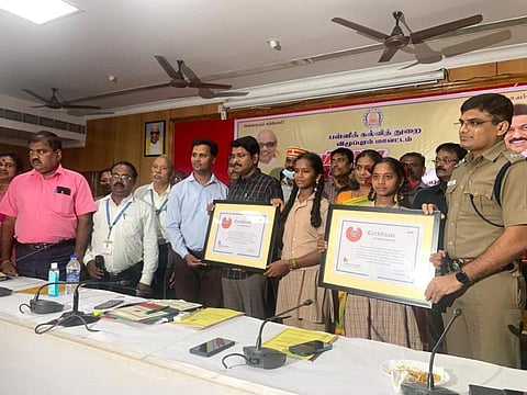 S Sadhana and T Sathiya, Class 8 students at the Konierikuppam Government Middle School in Tindivanam, achieved the feat after four years of training in learning the 1,330 couplets. (Photo | Express)