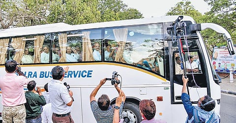 Congress MLAs in Rajasthan board a bus in Jaipur to travel to Udaipur ahead of the Rajya Sabha poll | PTI