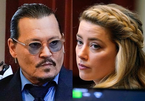 This combination of two separate photos shows actors Johnny Depp, left, and Amber Heard in the courtroom for closing arguments at the Fairfax County Circuit Courthouse in Fairfax. (Photo | AP)