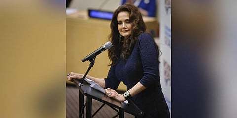 Lynda Carter, who starred in the 70's TV series 'Wonder Woman,' speaks during a U.N. meeting. (Photo | AP)