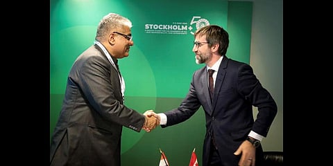 Union Environment Minister Bhupender Yadav and his Canadian counterpart Steven Guilbeault.(Photo | Twitter)