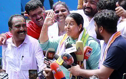 Uma Thomas coming out after the counting of votes in Thrikkakara bypoll. (Photo | T P Sooraj, EPS)