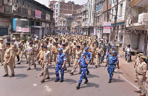 Security personnel patrol to maintain law and order amid communal tension, in the wake of Friday's violence, in Kanpur, Sunday, June 5, 2022. (Photo | PTI)