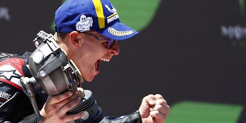 France's Fabio Quartararo celebrates his victory in the MotoGP race of the Catalunya Motorcycle Grand Prix.(Photo | AP)