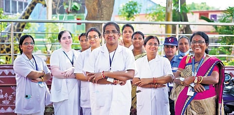 Khulana Barik (middle) with her team of nurses. (Photo| EPS)
