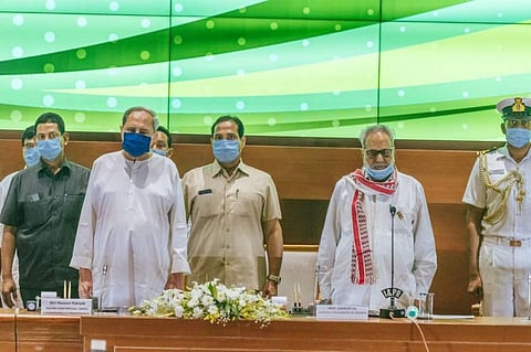 Governor Ganeshi Lal and chief minister Naveen Patnaik at the swearing-in ceremony. (Photo | EPS)