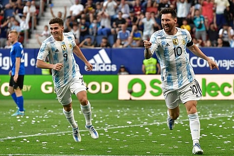 Argentina's Lionel Messi celebrates scoring his side's third goal during friendly match against Estonia at El Sadar stadium in Pamplona, northern Spain. (Photo | AP)
