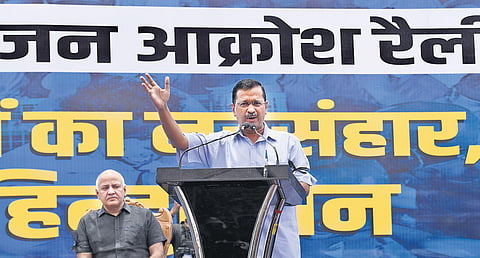 Delhi CM Arvind Kejriwal addresses people during Jan Aakrosh Rally at Jantar Mantar in New Delhi on Sunday | Parveen Negi