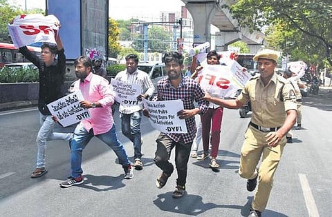 DYFI activists stage a protest near DGP office in Hyderabad on Sunday, demanding closure of pubs and arrest of the accused in minor girl gang rape case | R V K Rao