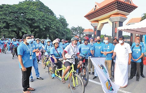 Transport Minister Antony Raju flagging off the Cyclathon on Sunday as part of the climate assembly summit to be organised on Monday