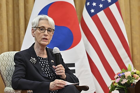 U.S. Deputy Secretary of State Wendy Sherman speaks to media after a meeting with South Korea's First Vice Foreign Minister Cho Hyun-dong. (Photo | AP)