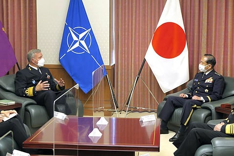 NATO Military Committee chief Rob Bauer(L) meets Japanese Chief of Staff Koji Yamazaki(R) at the defense ministry in Tokyo. (Photo | AP)