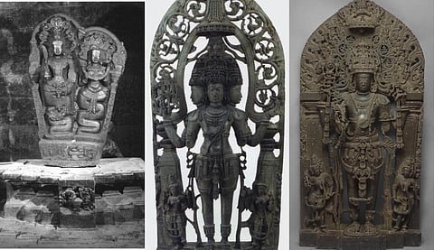 (L-R) Naga Nagini idols on a hamsa pedestal in a temple in Karnataka’s Kalakeri. The Brahma, who should have been above hamsa, is now in US museum. The Vishnu from Karnataka now in The Met Museum, US.
