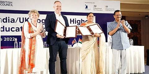 With this, both the universities will cooperate in exchange of knowledge; explore opportunities for research and innovation in the fields of sports science. (Photo | Twitter/ArvindKejriwal)