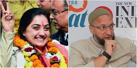 Former BJP spokesperson Nupur Sharma (L) and AIMIM chief Asaduddin Owaisi (Photo| Facebook and EPS)
