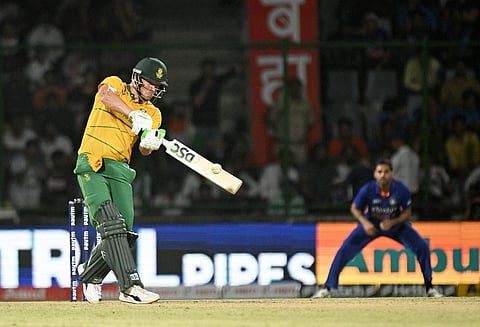 South African cricket team player David Miller plays a shot during the first T20 cricket match between India and South Africa, at Arun Jaitley Stadium in New Delhi, Thursday. (Photo | PTI)