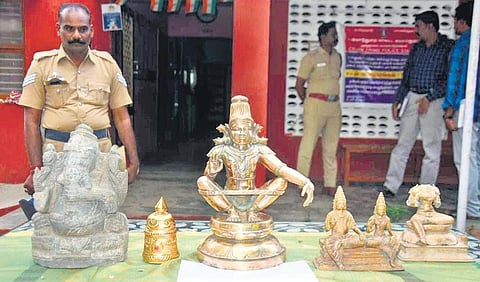 The stolen idols and valuables recovered by the Mayiladuthurai police. (Photo| Express)