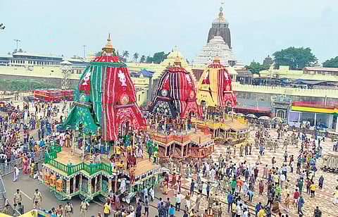Three chariots parked in front of Simhadwar ready for the Trinity’s journey. (Photo | Express)