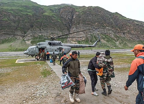 Indian Air Force has pressed its transport and helicopter assets into service for rescue and relief operations at cloudburst affected areas near the Amarnath shrine. (Photo | PTI)