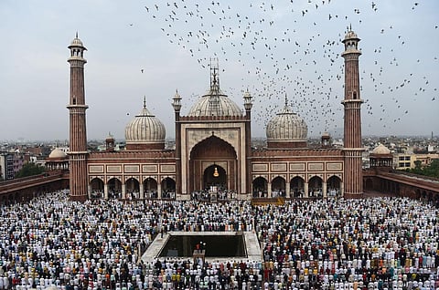 Muslims offer prayers at the Jama Masjid on the occasion of Eid-al-Adha, in old Delhi. (Photo | Parveen Negi, EPS)