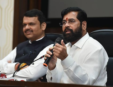 Maharashtra CM Eknath Shinde and state Deputy CM Devendra Fadnavis during a press conference in New Delhi, Saturday, July 9, 2022. (Photo | PTI)
