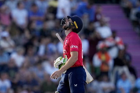 England captain Jos Buttler walks off the field of play during the first T20 international cricket match between England and India in Southampton, England, on July 7, 2022. (Photo | AP)